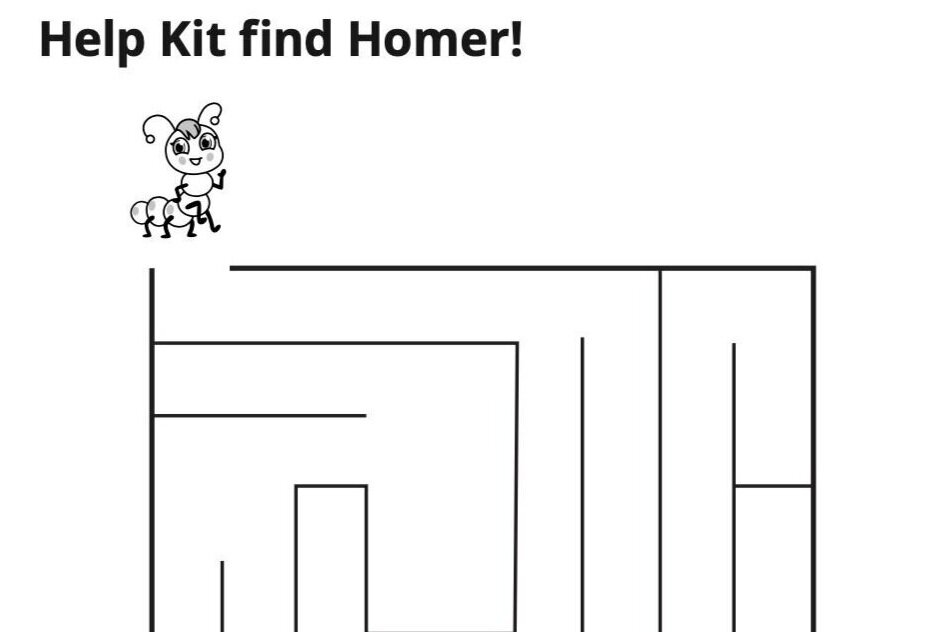 Top portion of a maze printable; a cartoon bug about to enter a maze