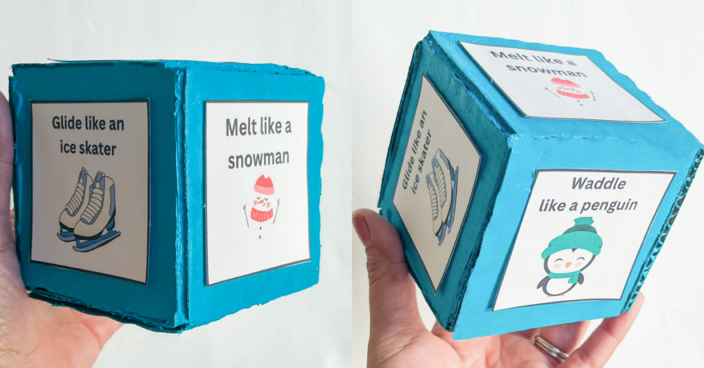 Hands holding up completed blue cubes with cute designs on them