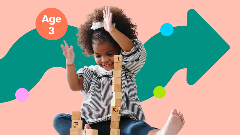 Happy child playing with blocks on floor, text reading Age 3 next to her and squiggly arrow behind her
