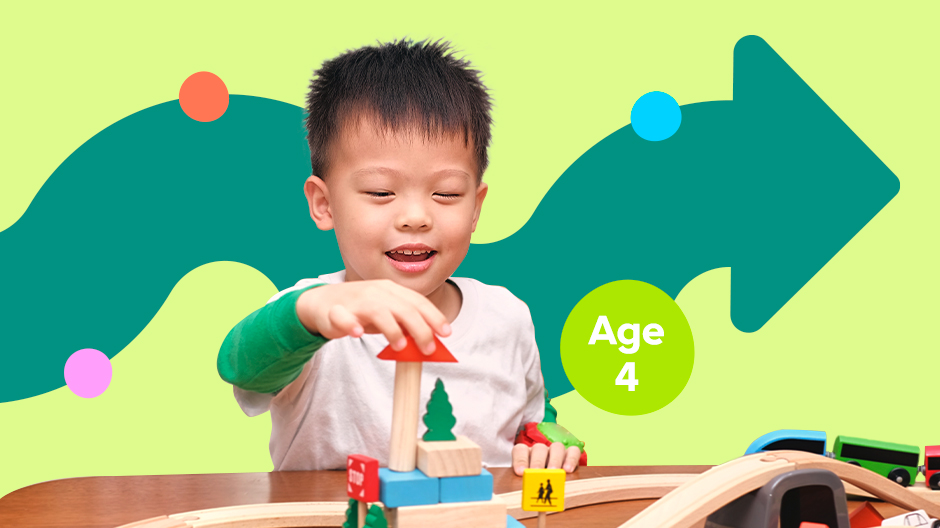 A child playing with a train set, text reading Age 4 next to him and a squiggly arrow in the background