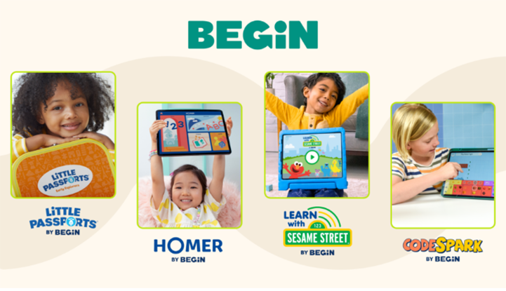 Photo illustration showing photos of kids using the Begin brands: Little Passports, HOMER, Learn with Sesame Street, and codeSpark