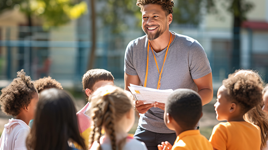 Adult motivating kids to learn outside