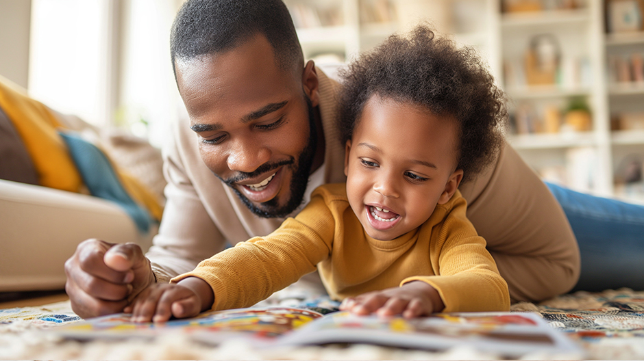 Smiling father and child reading book on the floor to support brain development